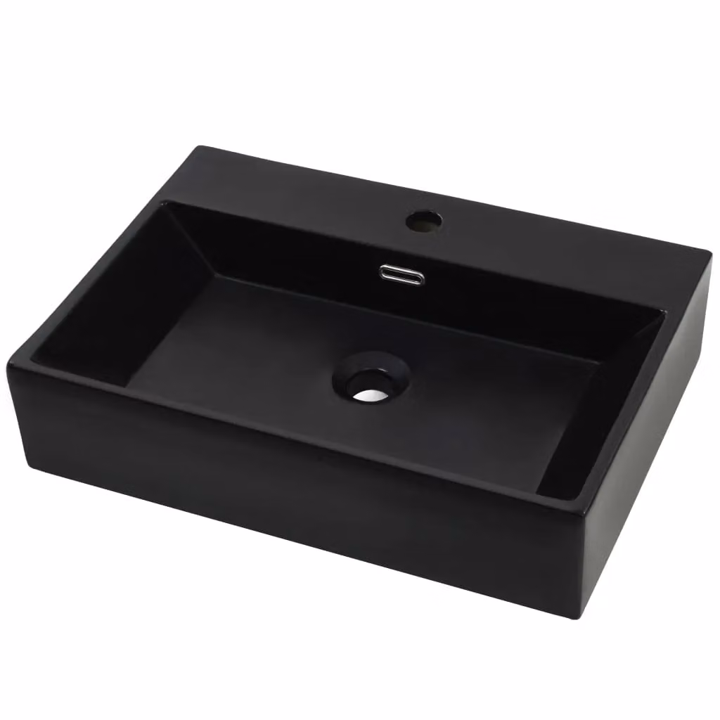 Berkfield Ceramic Black Rectangular Wall Mounted Basin with Faucet Hole W: 60.5 cm, D: 42.5 cm, H: 14.5 cm – 2