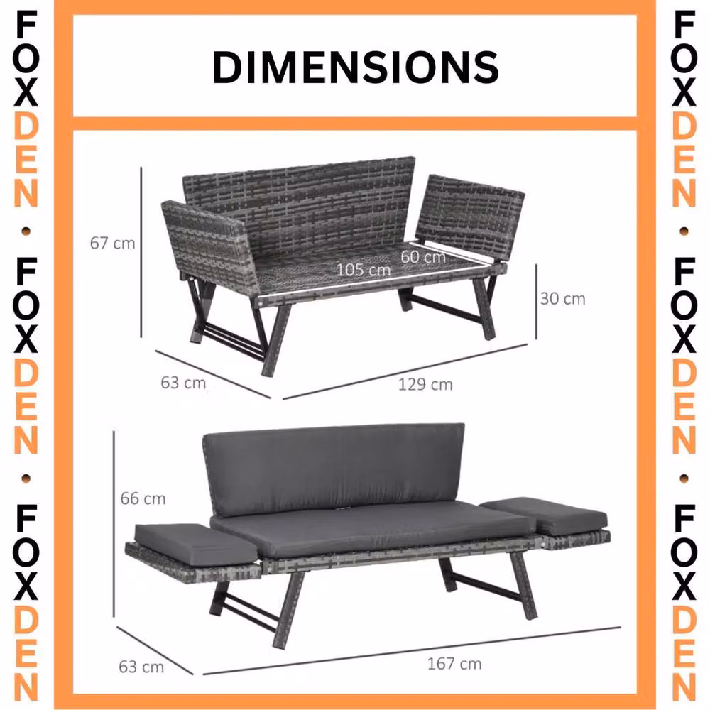 FLAVORA 2 in 1 Grey Polyrattan Folding Daybed Sofa Bench for Garden – 2