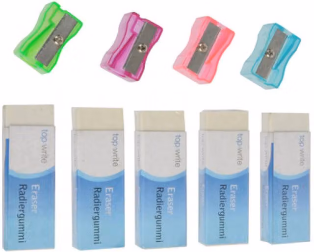 UMKY LIMITED 9 Piece White and Multicolour Plastic Pencil Sharpener and Eraser Stationery Set