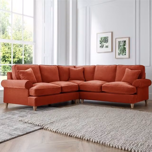 The Great Sofa Company Ezra Large L-Shape Corner Sofa in Terracotta Textured Velvet with Scroll Arms – 1
