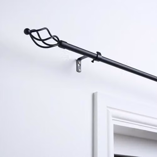 OHS Extendable Metal Curtain Pole with Decorative Twist Finials and Wall Mount Brackets, Black, W: 120 cm