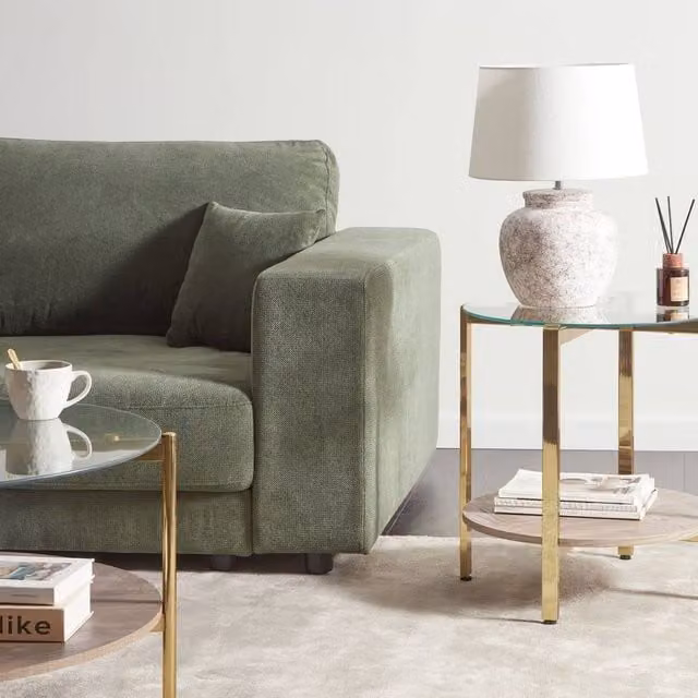 Wyld and Coco Round Gold Side Table with Tempered Glass Top and Wood Shelf, Diameter: 50 cm – 1
