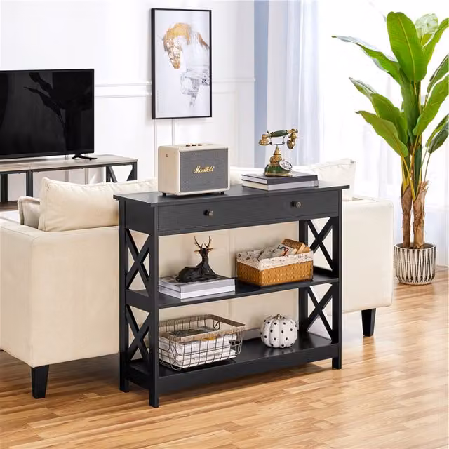Yaheetech Modern Black Console Table with Drawer and Shelves, Width: 100 cm