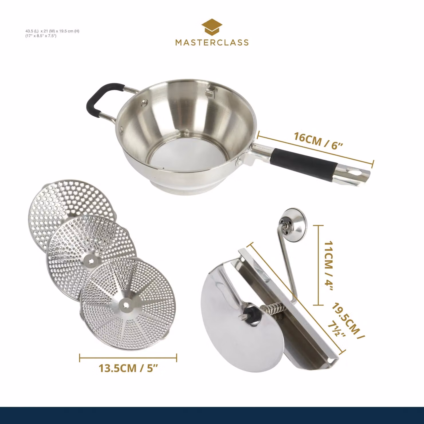 MasterClass Moulin Rotary Food Mill Sieve and Purée Maker in Grey and Silver Stainless Steel – 5