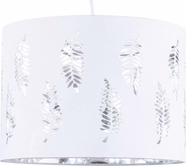 First Choice Lighting Fern White Cut Out Metal Cylinder Pendant Lightshade, Diameter: 25 cm