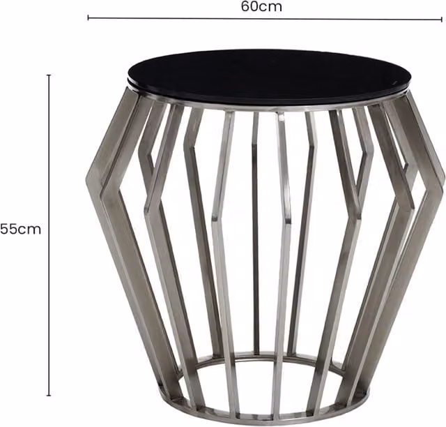 Orsina Modern Round Silver Side Table with Black Glass, W/D/H: 60 x 60 x 55 cm