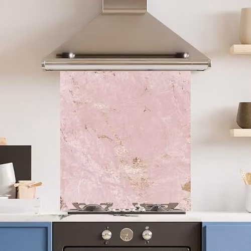Pink and Gold Marble Look Toughened 6mm Glass Kitchen Splashback, W: 70 cm, H: 75 cm