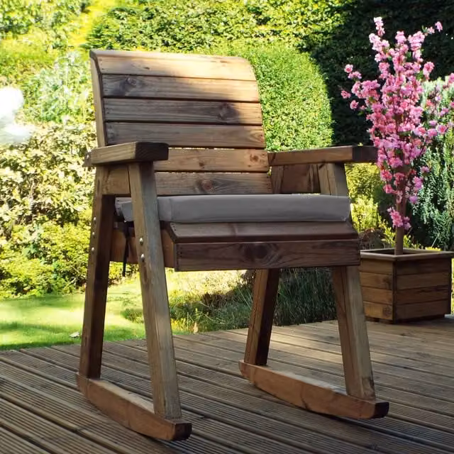 Charles Taylor Oiled Wood Rocker Chair with Grey Seat Cushion for Garden Use