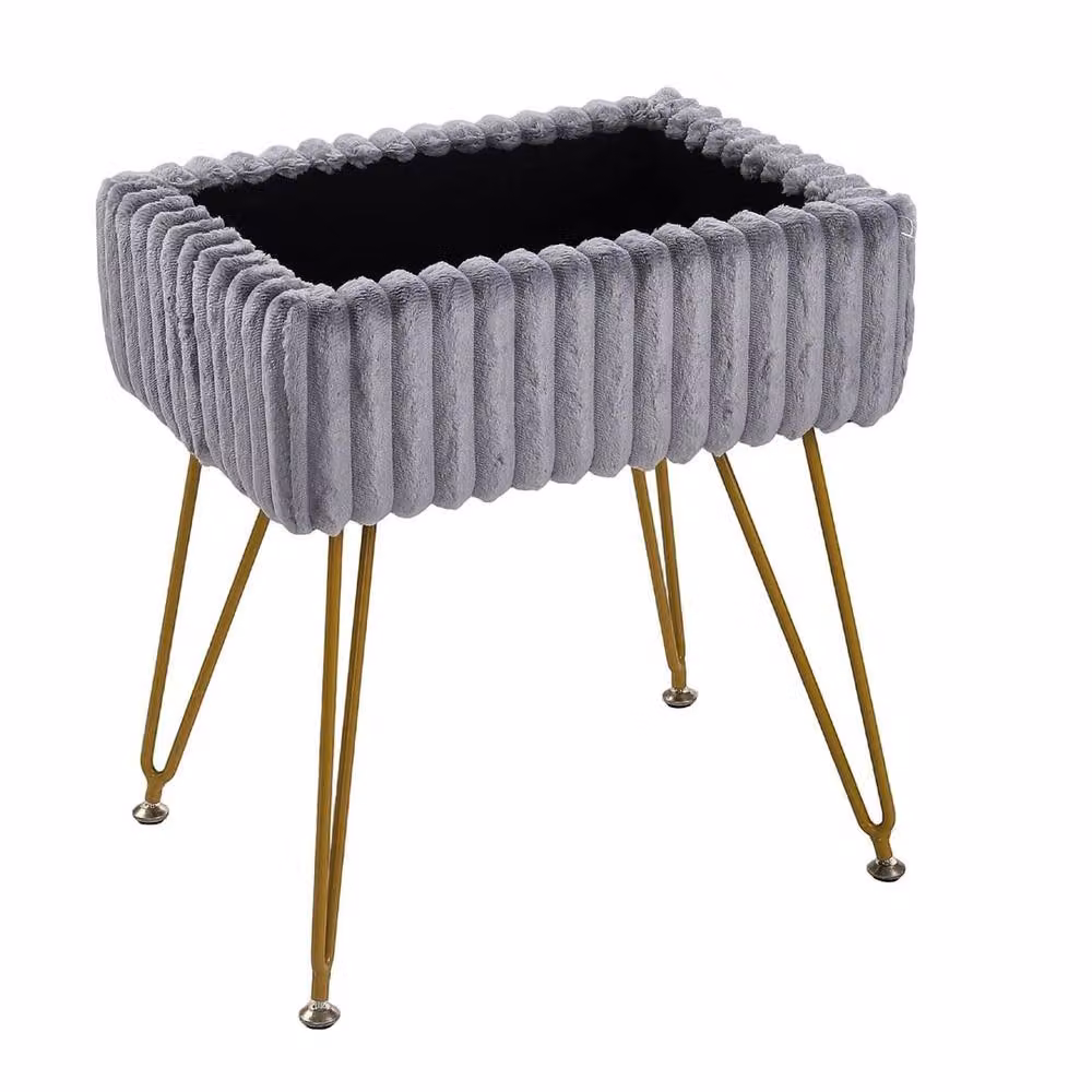 FORGEVIO Grey Modern Corduroy Dressing Table Stool with Gold Metal Frame – 2
