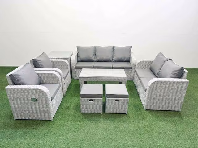 Fimous Grey PE Rattan Garden Furniture Set with 2 Seater Sofa, Coffee Table and Ottoman
