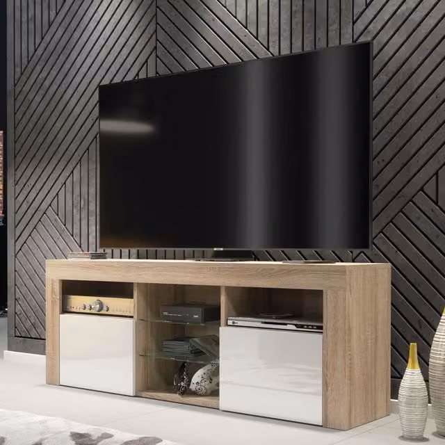 Creative Furniture Modern TV Unit in Oak with High Gloss White Doors, W: 145 cm, D: 35 cm, H: 53 cm