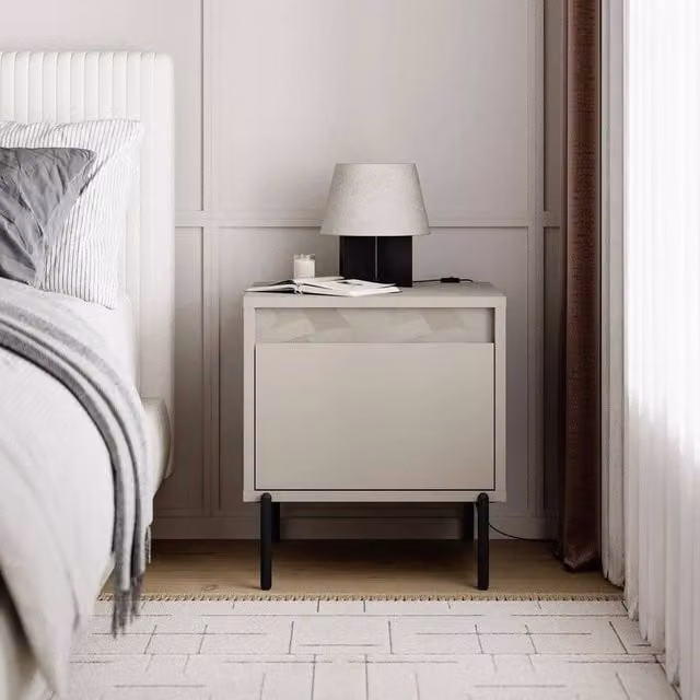 FORGEVIO Sandstone 1-Door Bedside Cabinet with Black Legs