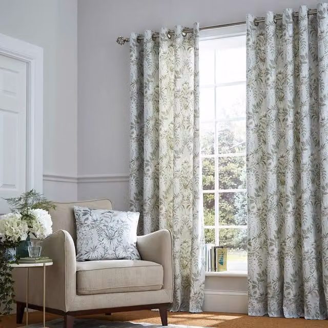 Laura Ashley Parterre Floral Ready Made Eyelet Curtains in Sage Green Cotton