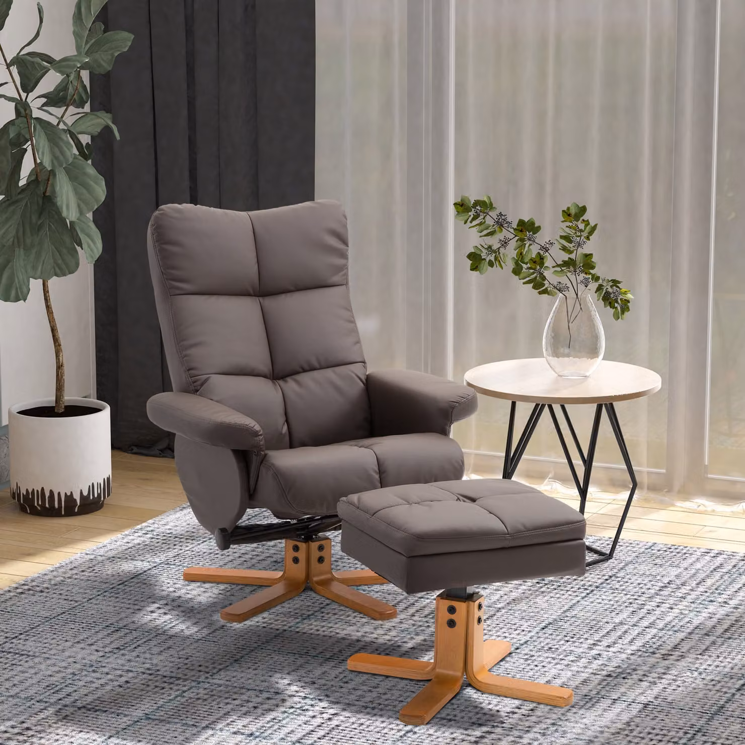 HOMCOM Brown Faux Leather Swivel Recliner Chair with Ottoman and Storage, Modern Wooden Base Armchair – 2