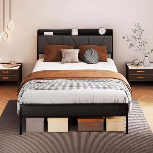 Levede Modern Upholstered Metal Bed Frame with Side Compartments and Headboard in Black, W/D/H: 140 x 200 x 135.5 cm – 5