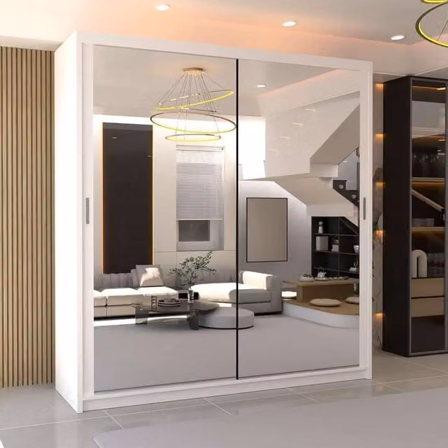MN Furniture Double Mirror Sliding Door Wardrobe in White, W: 203 cm, H: 217 cm – 1