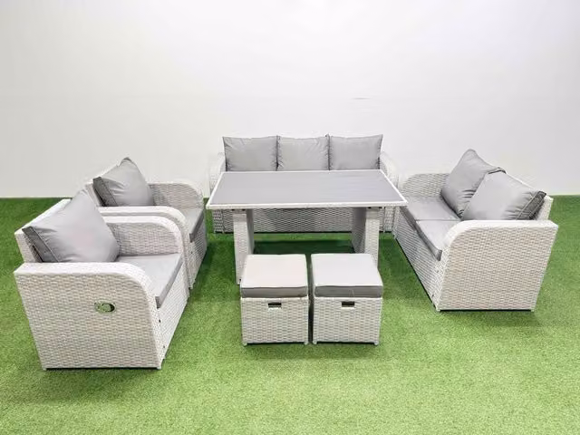 Fimous 9 Seater Garden Furniture Set with 2 Small Stools in Light Grey Polyrattan and Glass