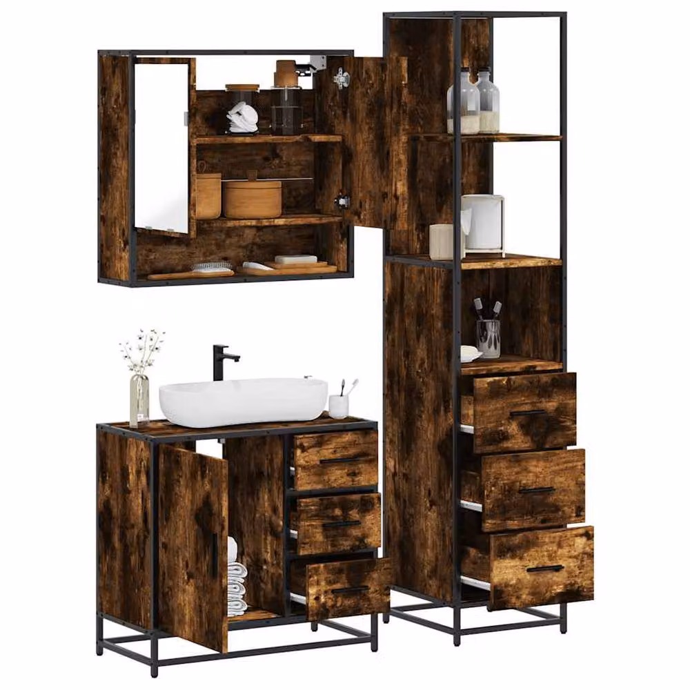 Berkfield Home 3 Piece Industrial Bathroom Furniture Set in Brown Smoked Oak with Mirror Cabinet, Vanity Unit and Tall Cabinet – 2