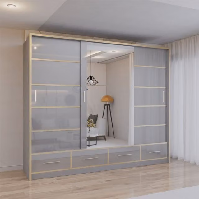 Sliding Wardrobes 4U Modern High Gloss Sliding Wardrobe with Integrated LED Light, Grey, W: 253 cm, H: 220 cm