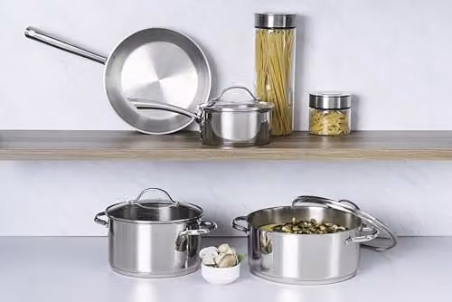Tramontina 4 Piece Stainless Steel and Aluminium Cookware Set in Silver with Frying Pan, Saucepan and Glass Lid – 3