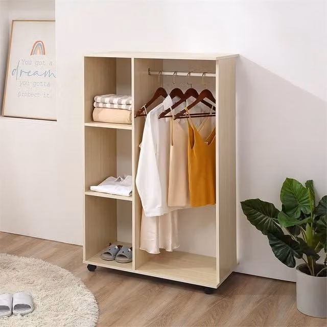 KORVIXA Light Maple Open Wardrobe on Wheels in Light Oak, Beige, W: 100 cm, H: 128 cm – 1