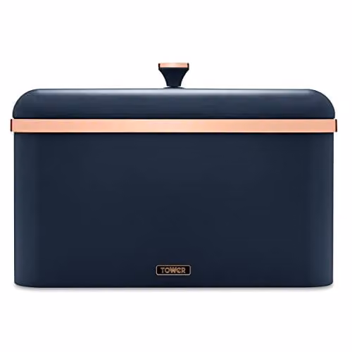 Tower Cavaletto Bread Bin in Midnight Blue and Rose Gold, Stainless Steel Body, W/D/H: 35.0 x 24.0 x 23.0 cm
