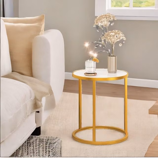 Pirlo Plush Set of 2 Round Gold and White Bedside Tables