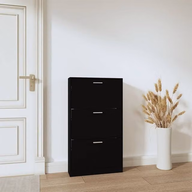 Berkfield Home Modern Black Shoe Cabinet with Tilting Compartments and Internal Drawers, W: 59 cm, D: 17 cm, H: 108 cm