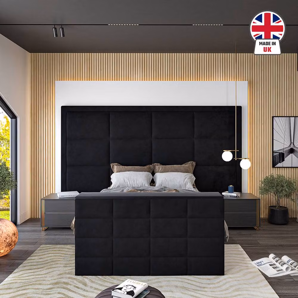 KDMD Alwoodley Black Velvet Upholstered Single Television Bed Frame with Drawers W/D/H: 90 x 200 x 178 cm – 3