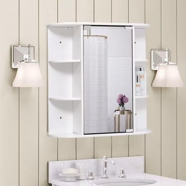 Livingandhome White Wall Mounted Bathroom Mirror Cabinet with 6 Open Shelves and Hinged Doors