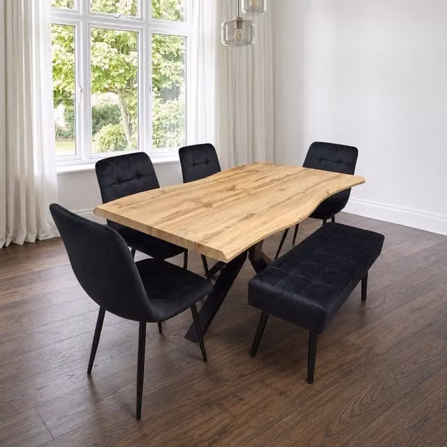 Kosy Koala Modern Rectangular Dining Set with Velvet Chairs and Wooden Benches in Black, Brown or Grey