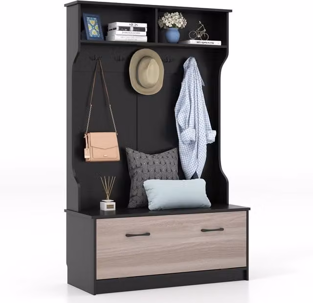 Costway 3-in-1 Freestanding Hall Tree with Shoe Bench, Cabinet and 5 Hooks, Black – 1