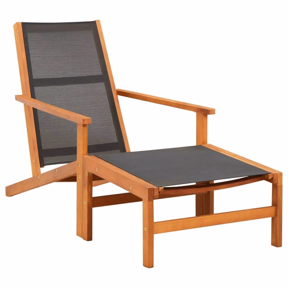 Berkfield Home Garden Lounge Chair with Matching Ottoman in Black Solid Eucalyptus Wood and Textilene – 2