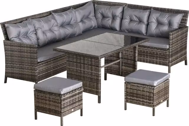Outsunny 8 Seater Grey Rattan Garden Furniture Set with Upholstered Cushions, Tempered Glass Coffee Table and 2 Ottomans