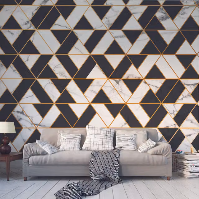 Origin Murals Modern Geometric Marbled Textured Wall Mural in White and Gold