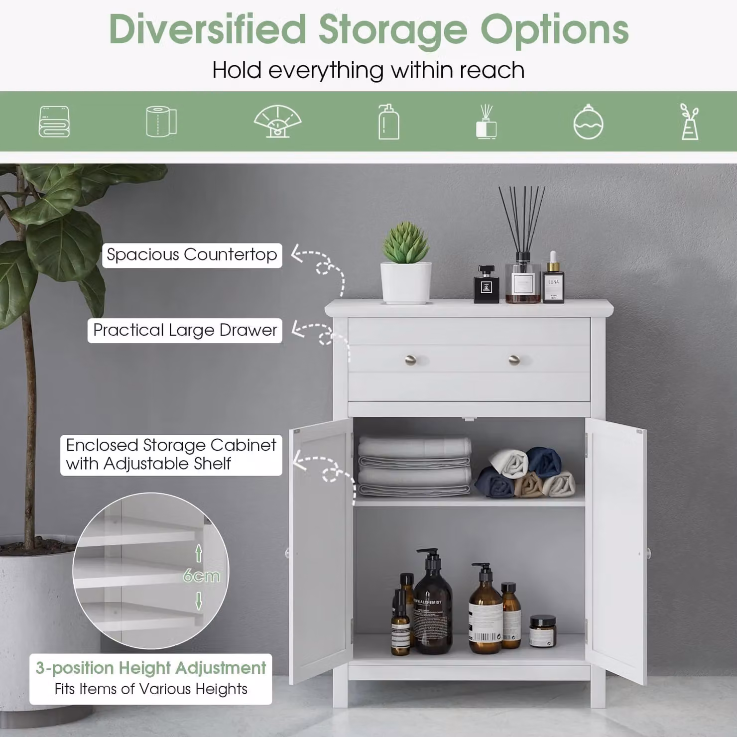 Gymax Freestanding White Bathroom Storage Cabinet with Internal Shelves and Drawers – 3