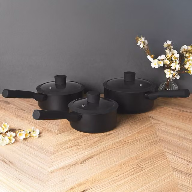 Ayano Soft Touch Non Stick Saucepan Set with Lids, Black, 11.5 cm