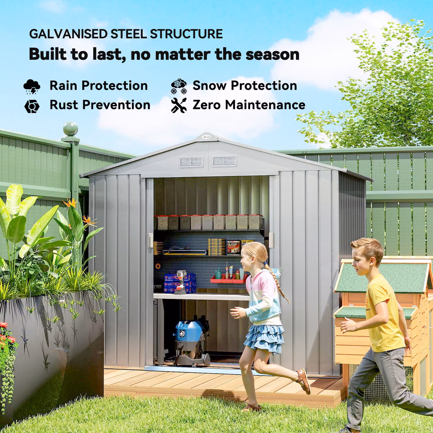 Outsunny Lockable Metal Garden Tool Storage Shed in Light Grey, W/D/H: 213.36 x 121.92 x 185 cm – 3