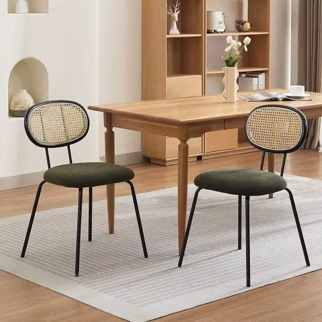 VOGREX Set of 2 Mid-Century Dining Chairs with Rattan and Green Fabric