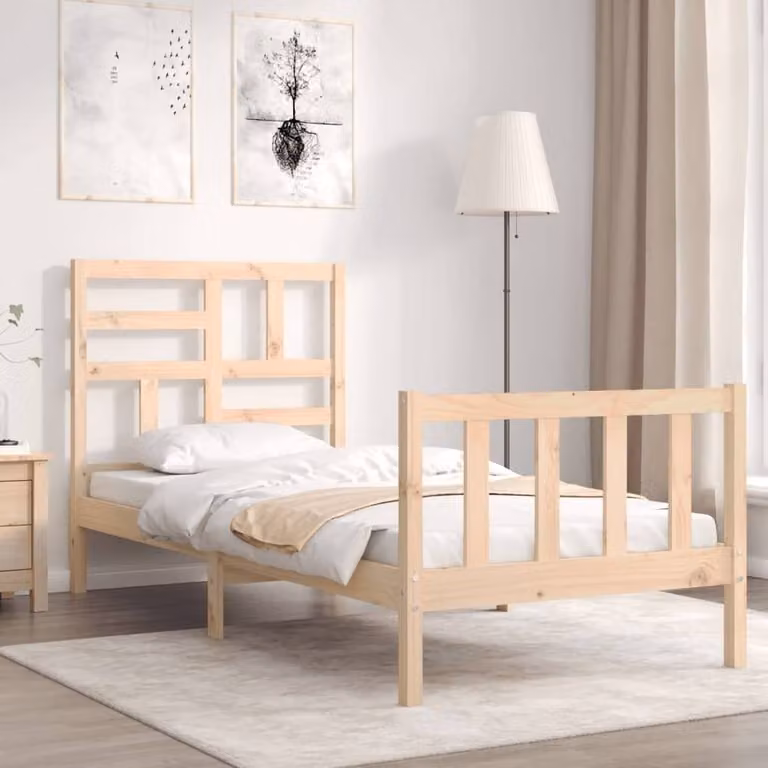 Berkfield Home Small Single Solid Wood Bed Frame with Headboard in Beige, W/D/H: 80 x 190 cm