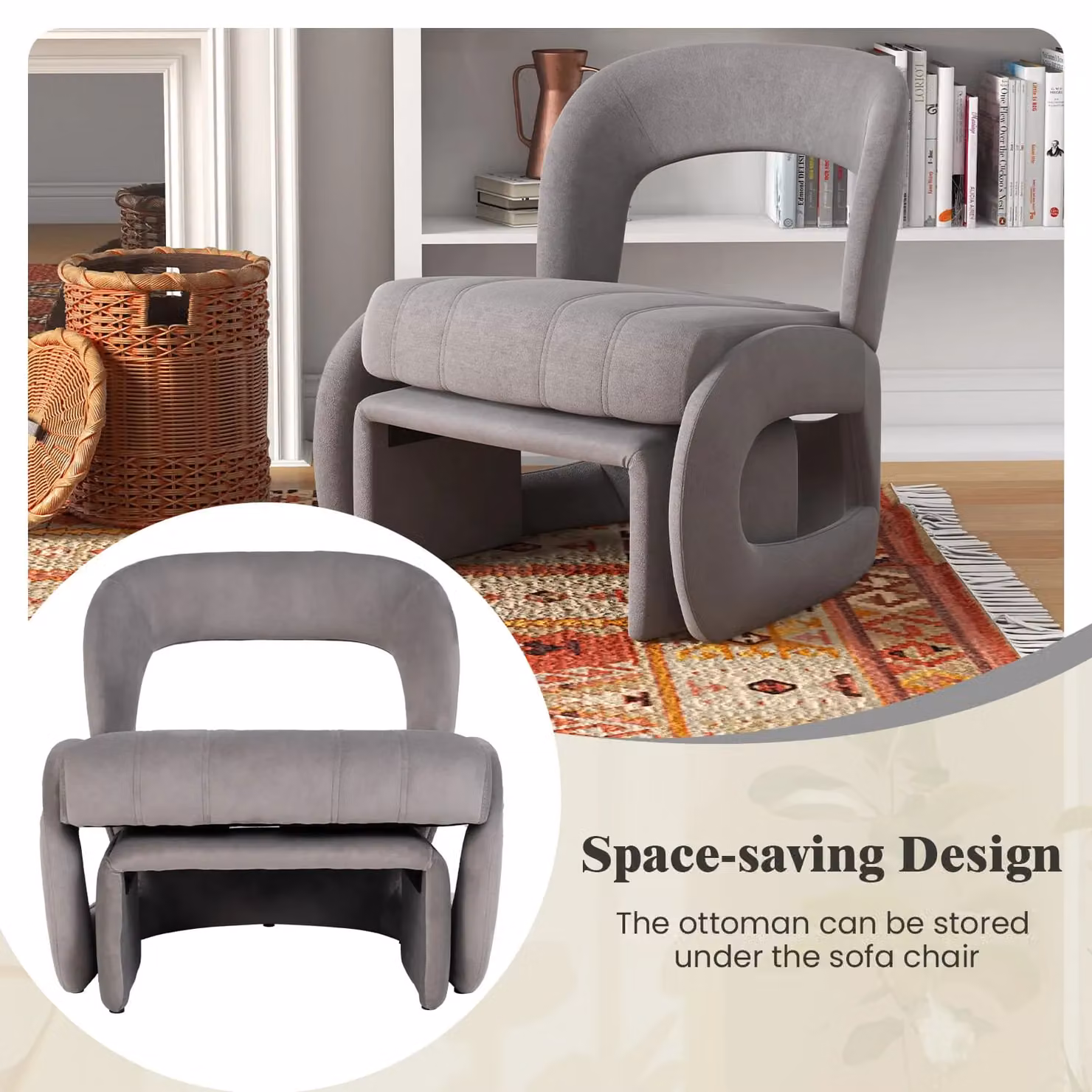 Gymax Grey Velvet Accent Chair with Ottoman and Curved Back – 4