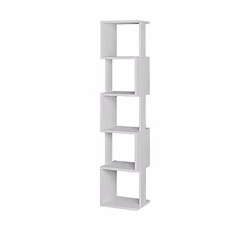 Decortie Piri Modern Five Tier Geometric Bookcase in White, H 161.0 x W 30.0 x D 14.5 cm – 2