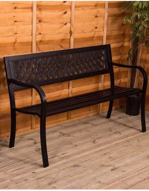 Home Discount Vida 3 Seater Steel Garden Bench with Lattice Design in Black