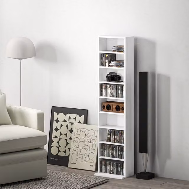 HOMCOM White Modern Media Storage Unit with Adjustable Shelves and 9 Compartments for CDs and DVDs – 1