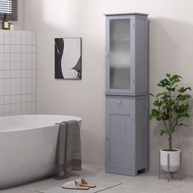Kleankin Grey Freestanding Bathroom and Home Office Storage Cabinet with Hinged Doors, Internal Shelves and Drawers, H: 171.5 cm, W: 27.0 cm, D: 27.0 cm