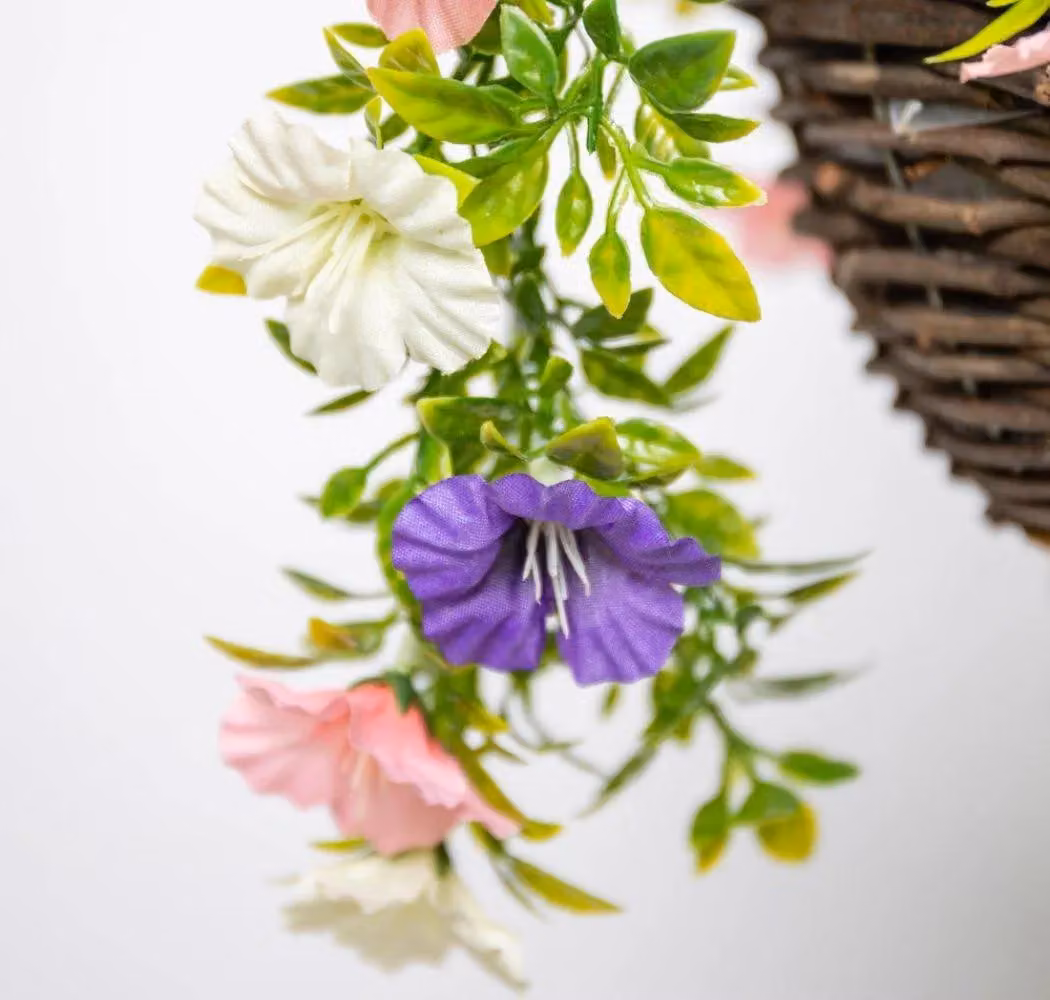 Primrose Artificial Petunia Flowers in a Rattan Hanging Basket, Pink, Purple and White, Diameter: 25 cm – 4
