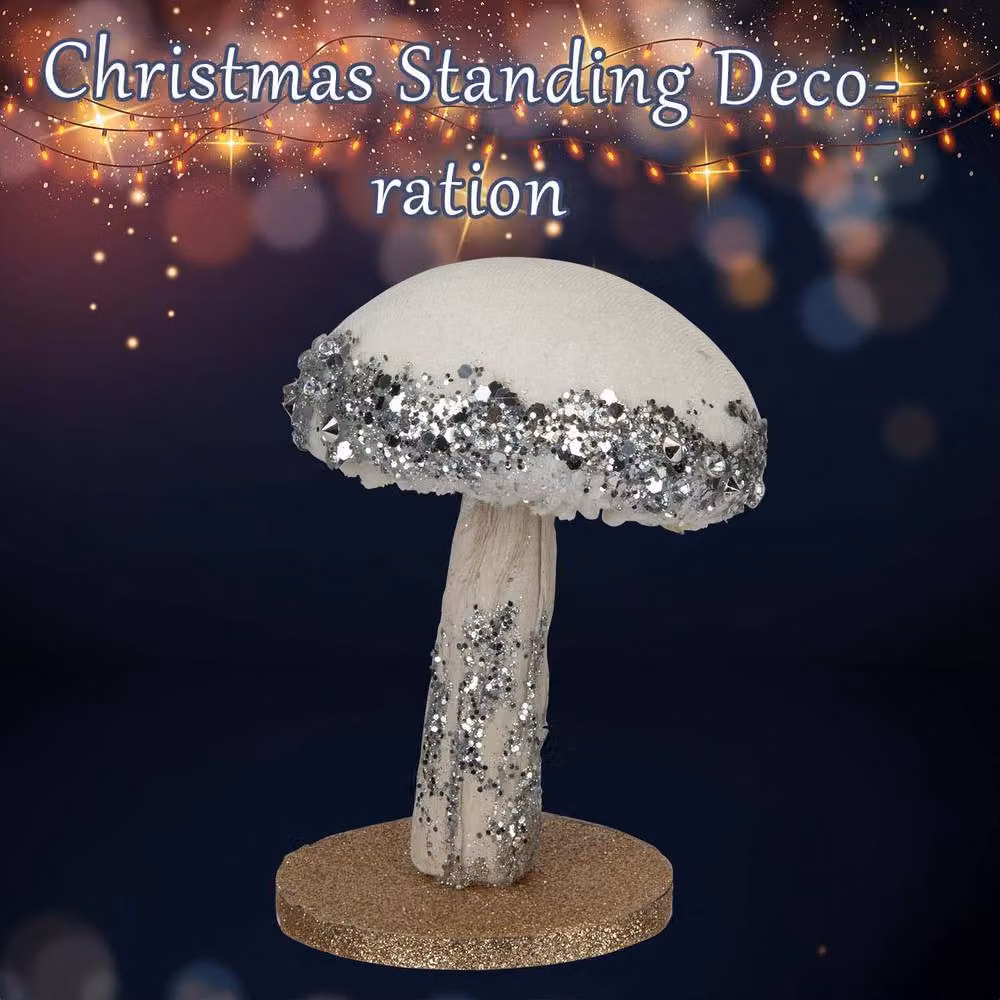 VFM e-Store Christmas Velvet Mushroom Tabletop Decoration in Silver and White, H: 13 cm x W: 9 cm – 2