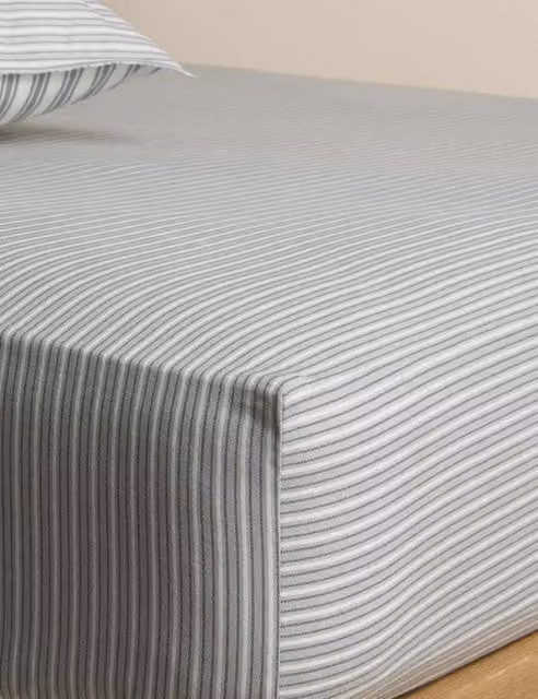 M&S Brushed Cotton Striped Deep Fitted Sheet, Dove Grey, W: 140 cm, L: 200 cm