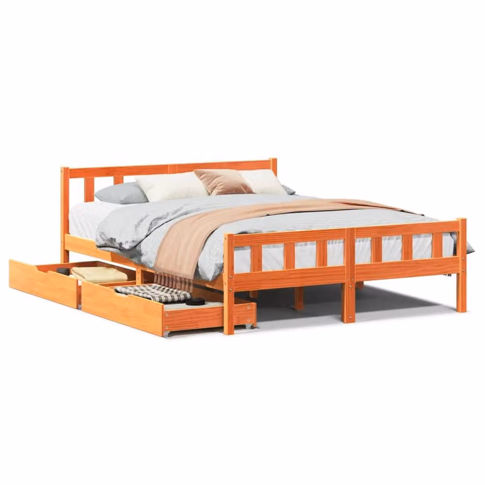 Berkfield Home King Size Solid Wood Pine Bed Frame with Drawers, Wax Brown, W/D/H: 150 x 200 cm – 2