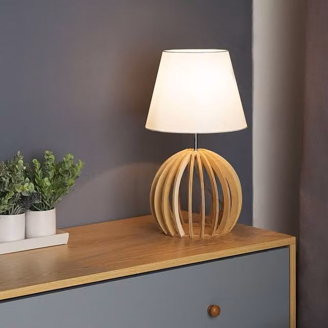 Wyld and Coco Round Wood Base Table Lamp with White Fabric Shade in Brown